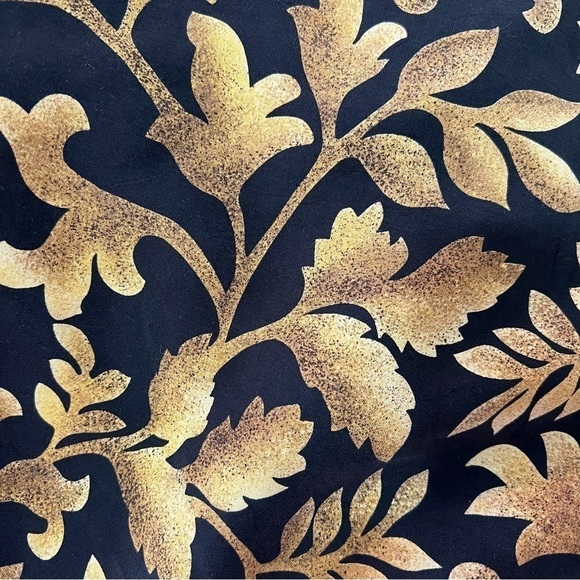 Vintage black and gold silk leaf print long sleeve midi dress romantic ethereal - Picture 4 of 11